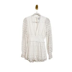 Saylor White Eyelet Lace V Neck Romper Long Sleeve Small